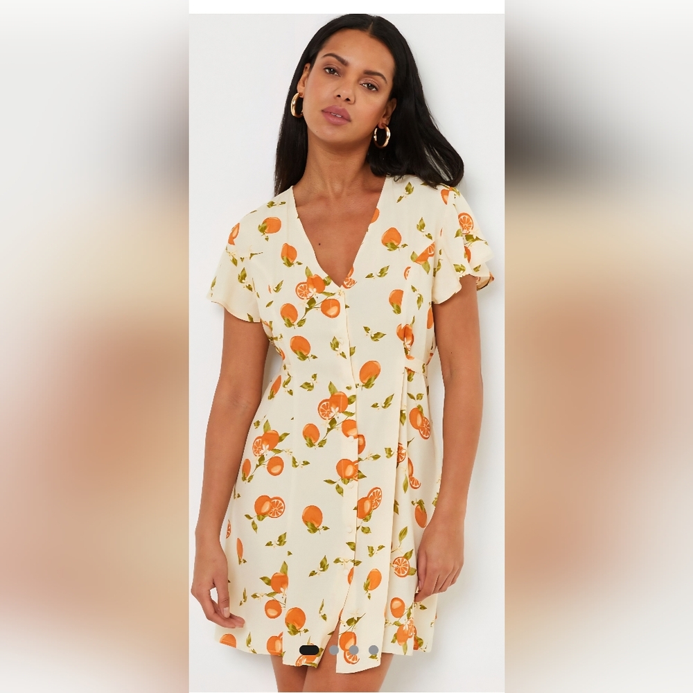 Cream Orange Print V-Neck Midi Dress